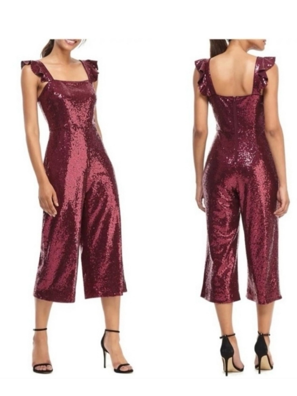 Gal Meets Glam Burgundy Sequin Ruffle Strap Jumpsuit